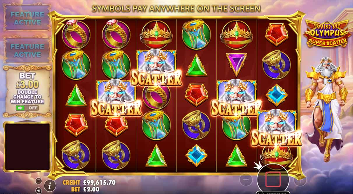 Gates of Olympus Super Scatter Spieler am Pokertisch im Casino, Dealer mit Chips und Karten